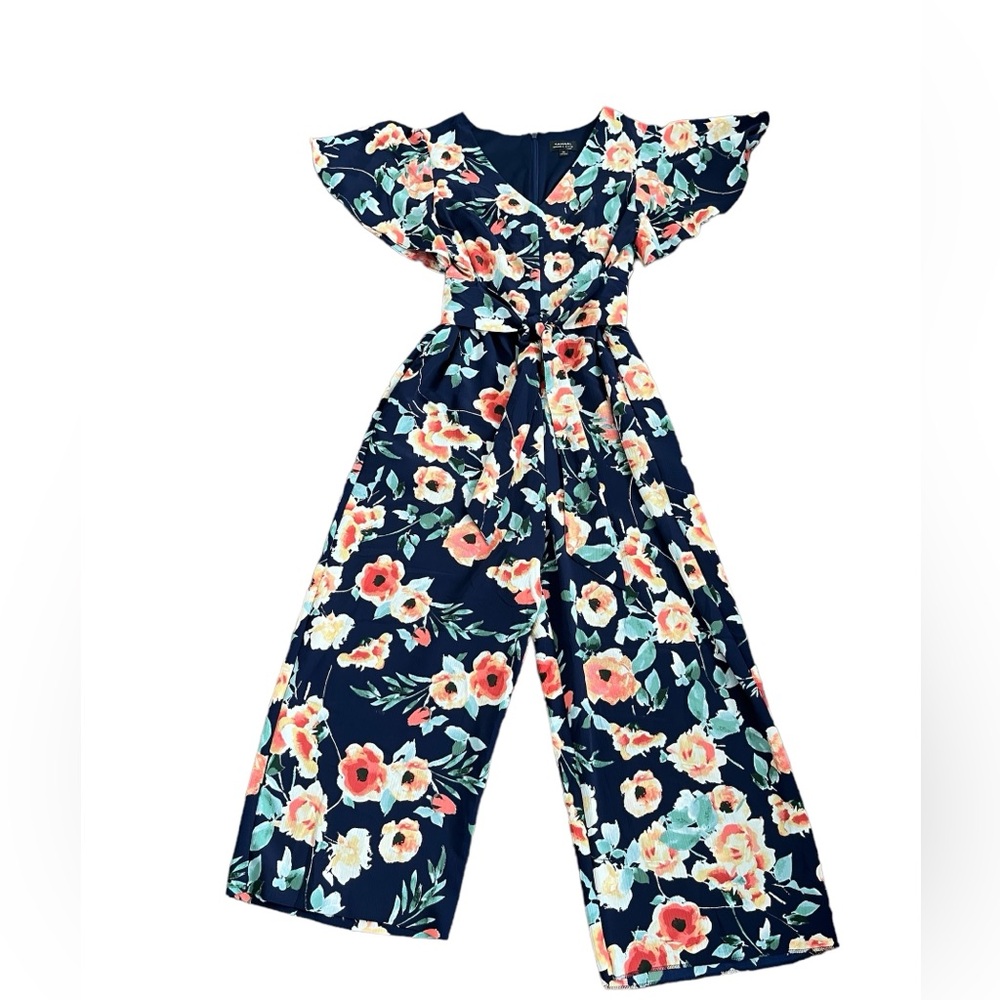 Tahari Arthur S. Levine Navy Blue Floral Short Sleeve Wide Leg Jumpsuit Size 14